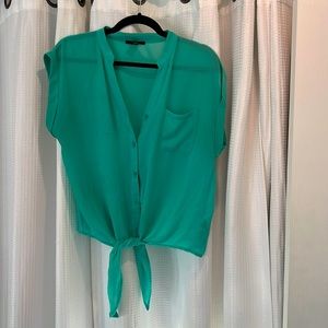 Teal Button-up Blouse with tie